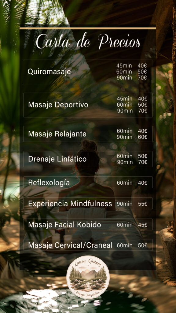 Carta de precios de masaje individual en español